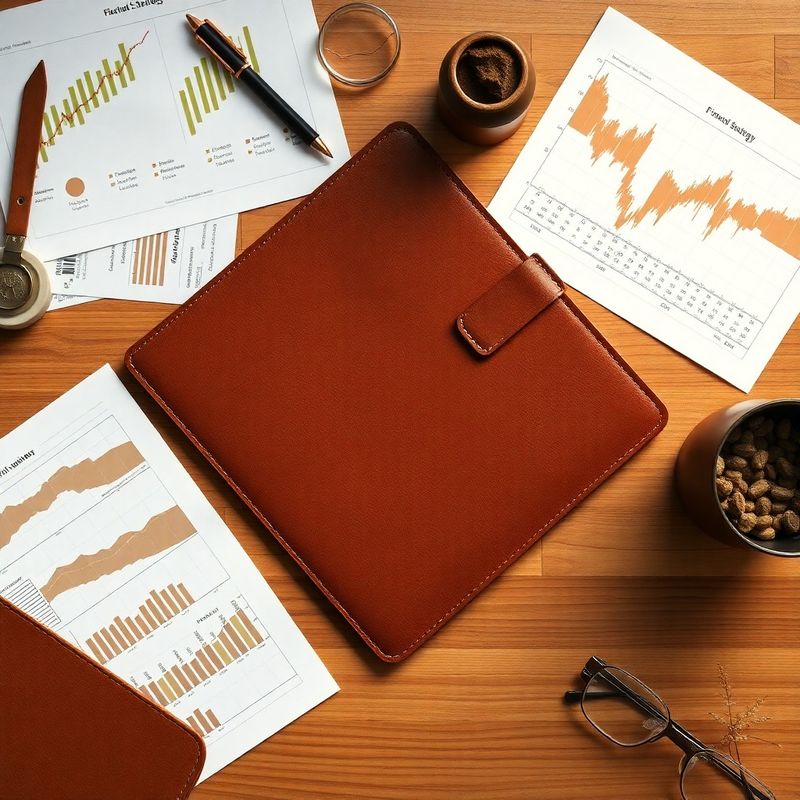 Birou de strategie financiară cu mapă din piele, grafice tipărite și stilou cu peniță
